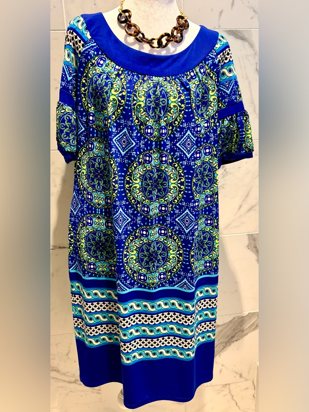 Evan Picone Blue and Lime Medallion Dress